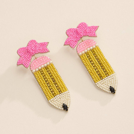 Handmade Beaded Pencil Earrings with Pink Bow for Teachers
