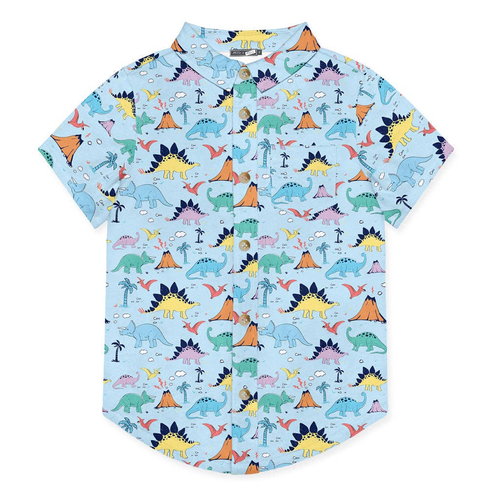 Boys Ice Blue Island Dino Short-Sleeve Button-Up