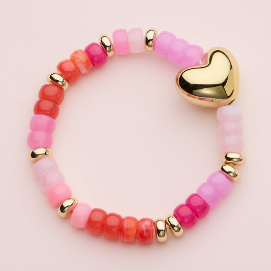 Glass Bead Bracelet with Gold Heart Accent