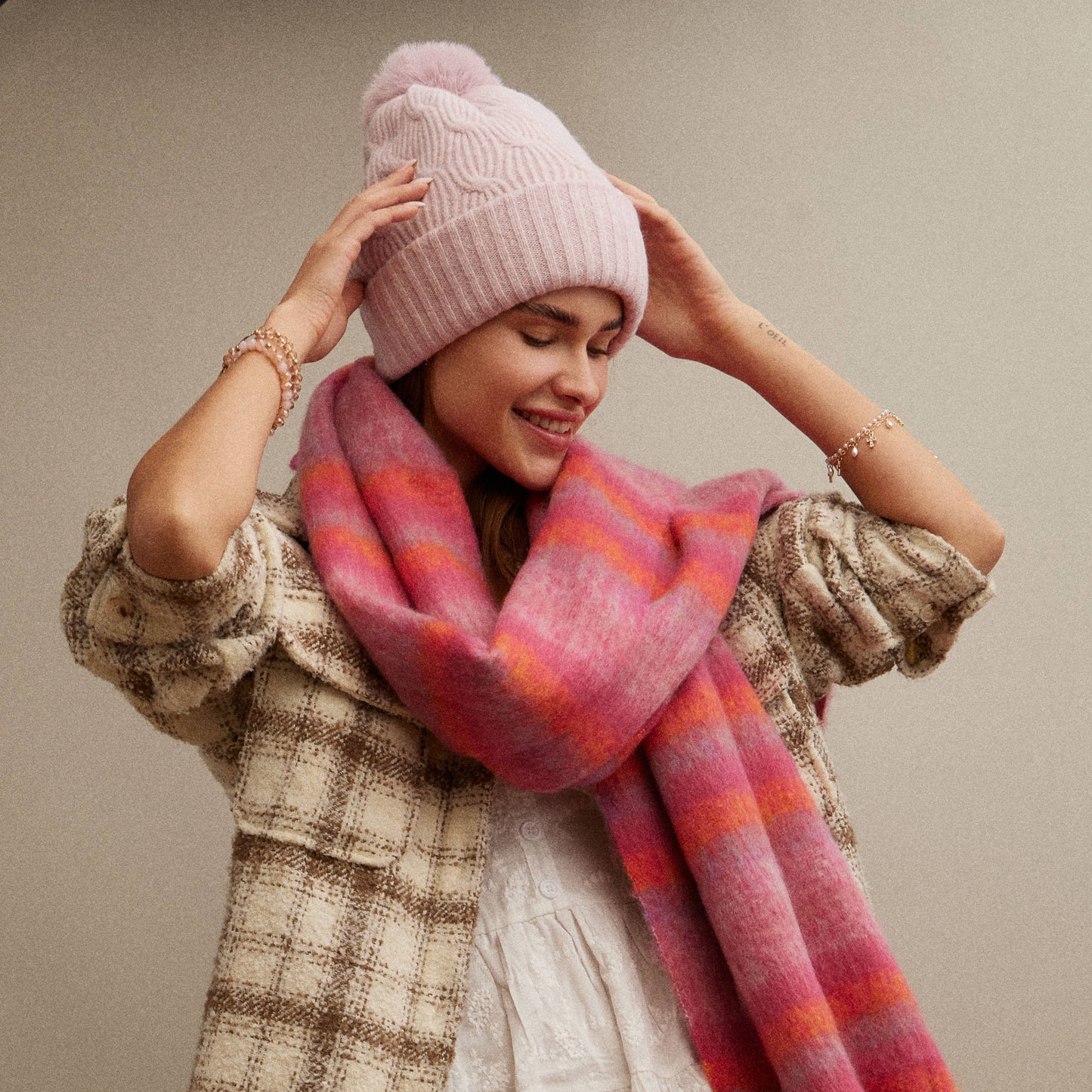 Cable Knit Faux Fur Pom Pom Beanie