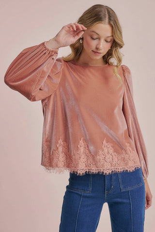 Women's Romantic Holiday Velvet Blouse Top with Eyelash Lace Hem