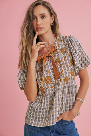 Women's Plaid Floral Embroidered Babydoll Blouse with Contrast Neck Bow