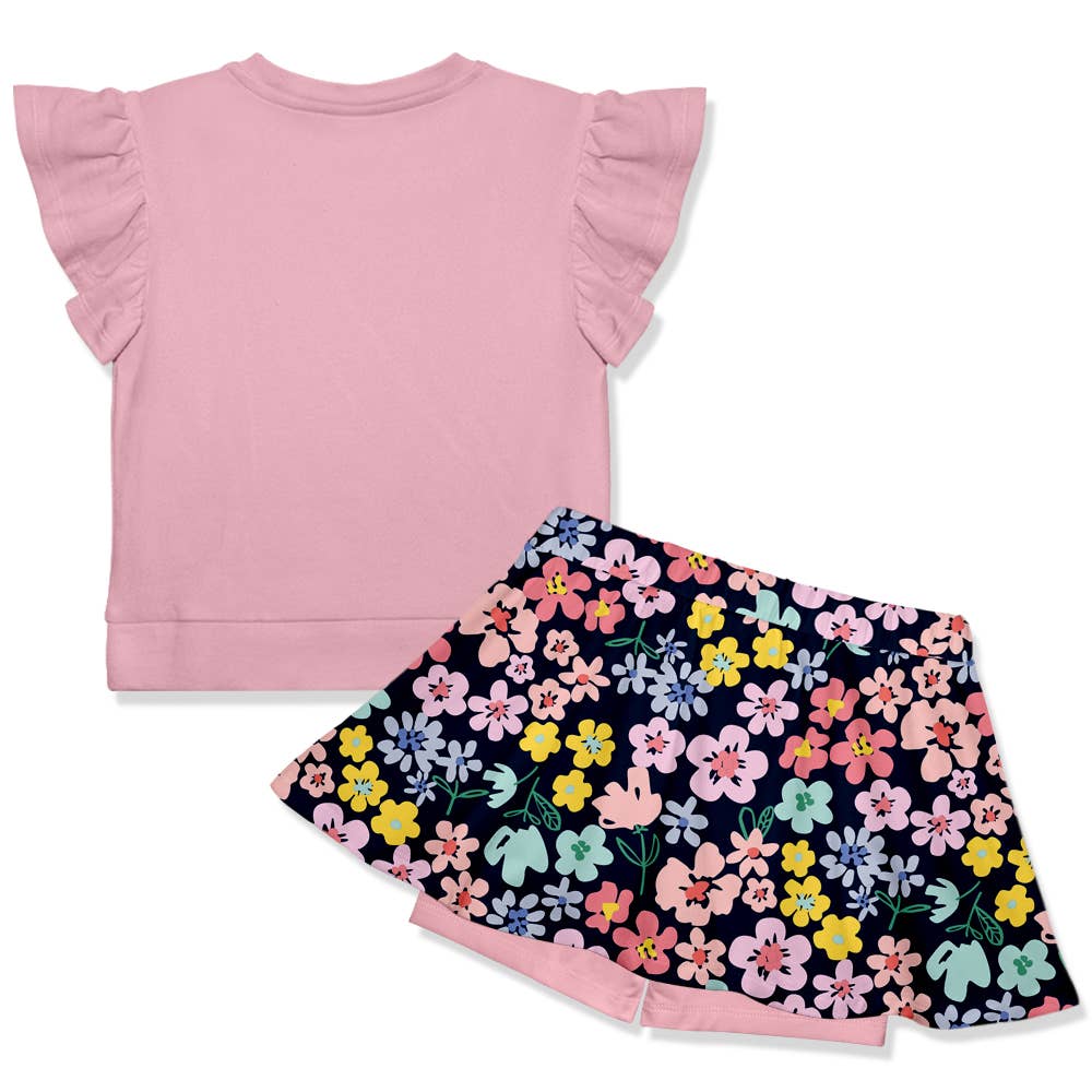 Girls Dusty Pink Angel-Sleeve Top & Midtone Floral Skort