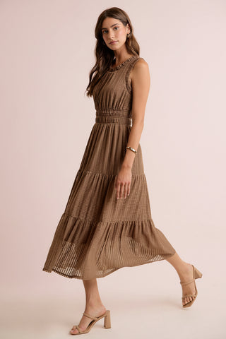 Textured Smock Waist Sleeveless Midi Tiered Dress