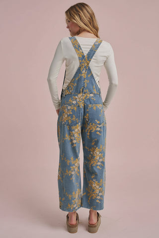 Women's Floral Print Denim Overall Jumpsuit with Barrel Leg