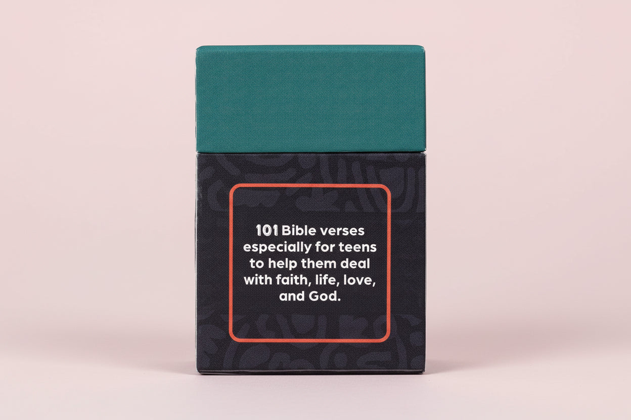 Book cover with text about 101 Bible verses for teens on a pink background
