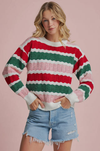 Women's Holiday Christmas Color Textured Stripe Sweater Top