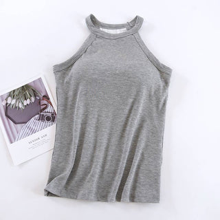 Basic Round Neck Halter Rib Knit Built-In Bra Tank Top