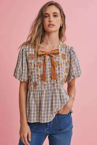 Women's Plaid Floral Embroidered Babydoll Blouse with Contrast Neck Bow