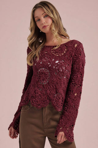Women's Crochet Lace Looking Chenille Knit Boho Fall Sweater Top