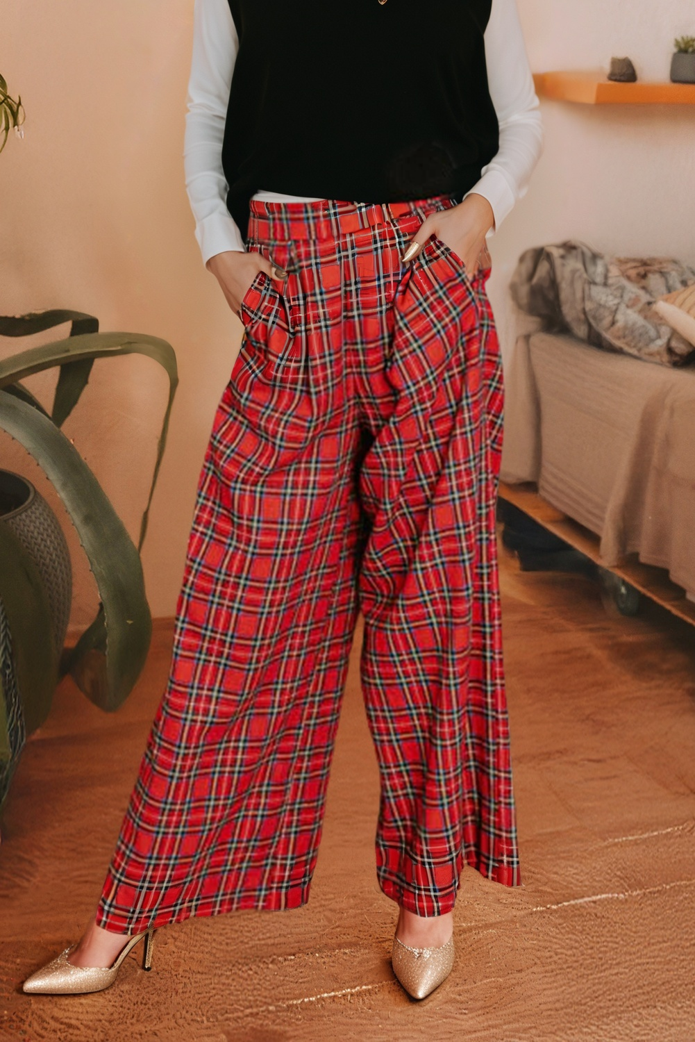 Festive Plaid Wide Leg Pull On Pants