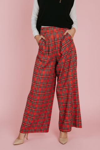 Festive Plaid Wide Leg Pull On Pants