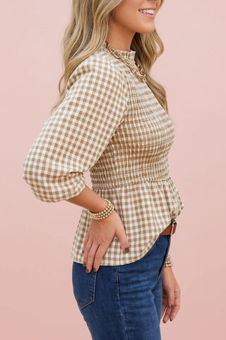Women's Smocked Plaid Three-Quarter Puff Sleeve Casual Top