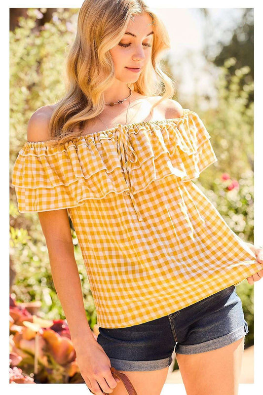 Off Shoulder Tier Ruffle Gingham Print Top
