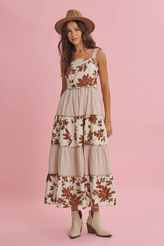 Women's Mixed Print Floral Tiered Midi Dress with Wavy Piping