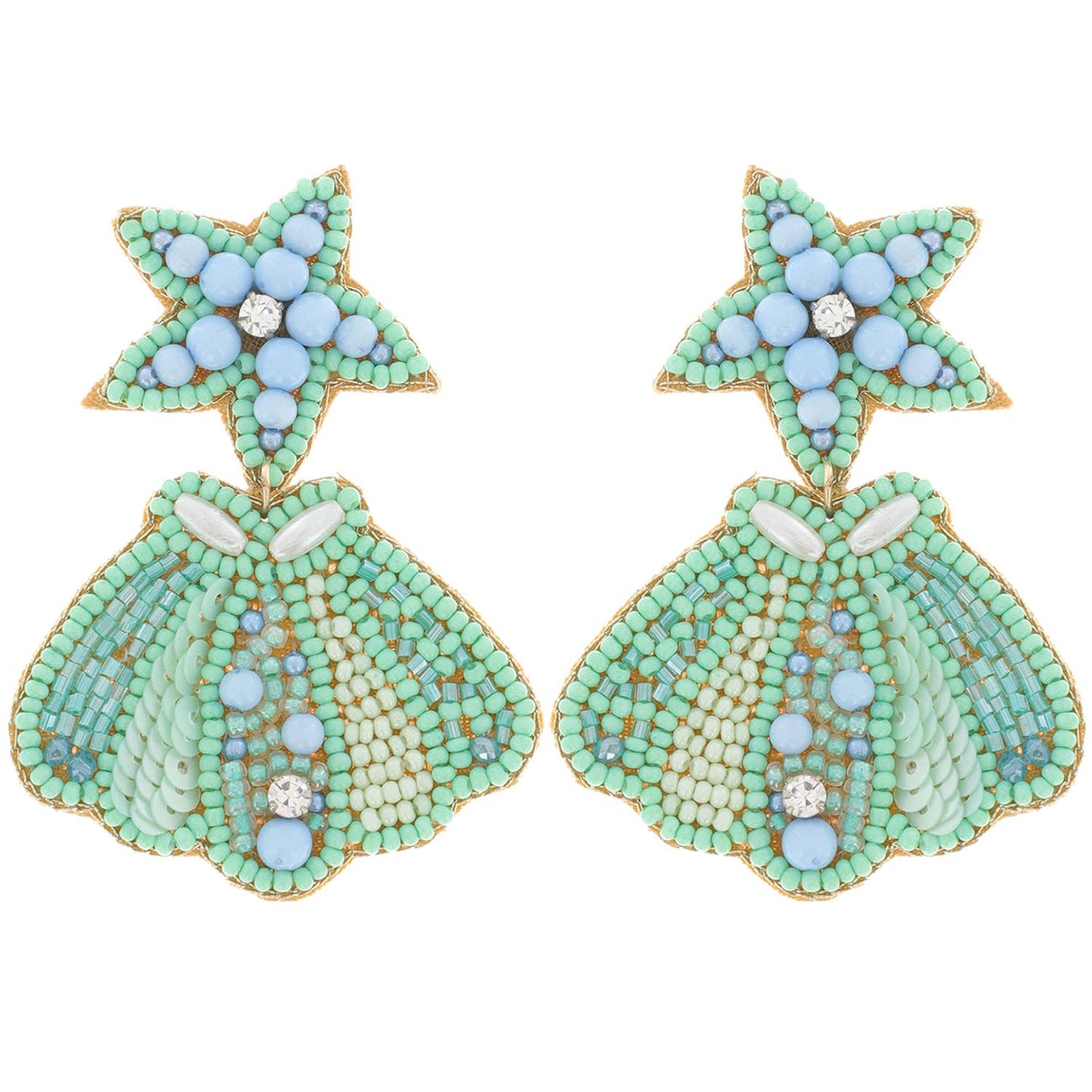 Beaded Starfish Post & Scalloped Sea Shell Dangle Earrings