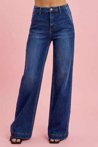 Risen High Rise Slanted Pocket Dark Wash Wide Leg Jeans