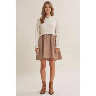 Mixed Media Long Sleeve Twofer Mini Dress