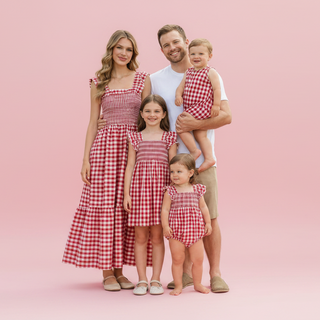 Summer Plaid Smocked Ruffle Girl Romper Sibling Outfits