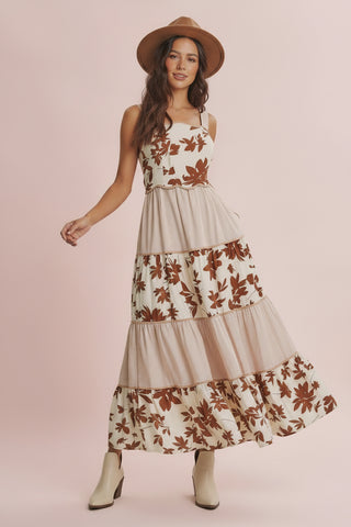 Women's Mixed Print Floral Tiered Midi Dress with Wavy Piping