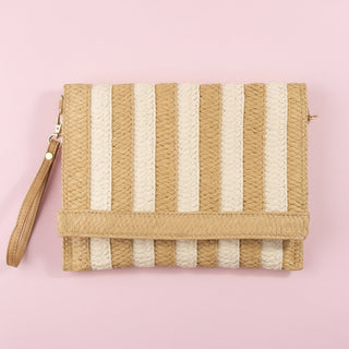 Two-Tone Striped Straw Foldover Clutch