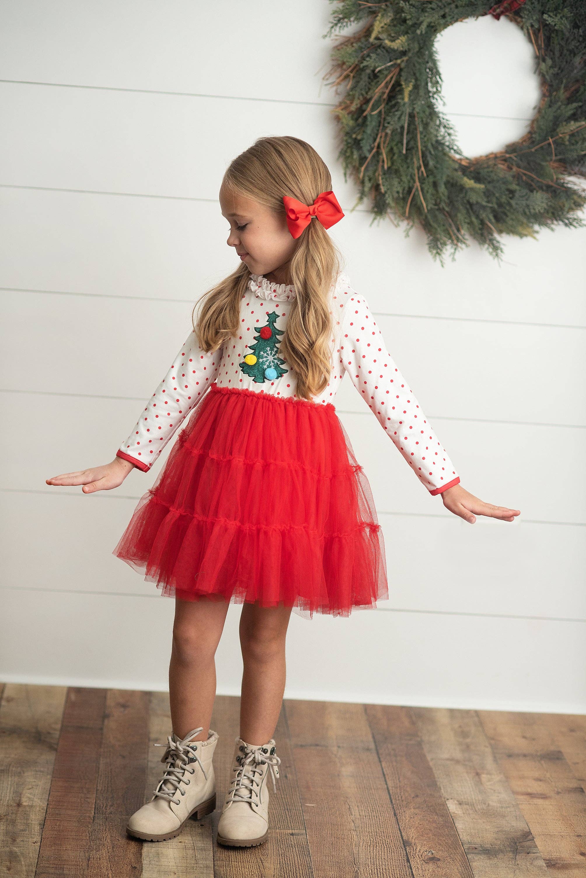 Kids Red White Dot Pom Pom Christmas Tree Tulle Dress Hive Sweet Home