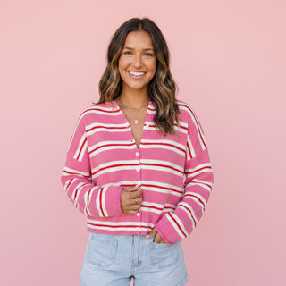 Women's Pink Striped Button-Front Collared Knit Sweater