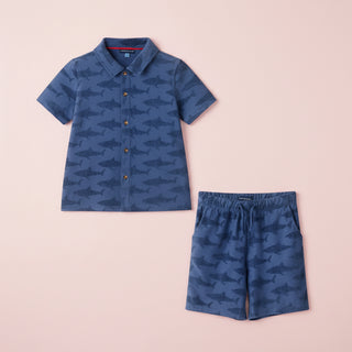 Boys Navy Shark Reverse Jacquard Buttondown Set