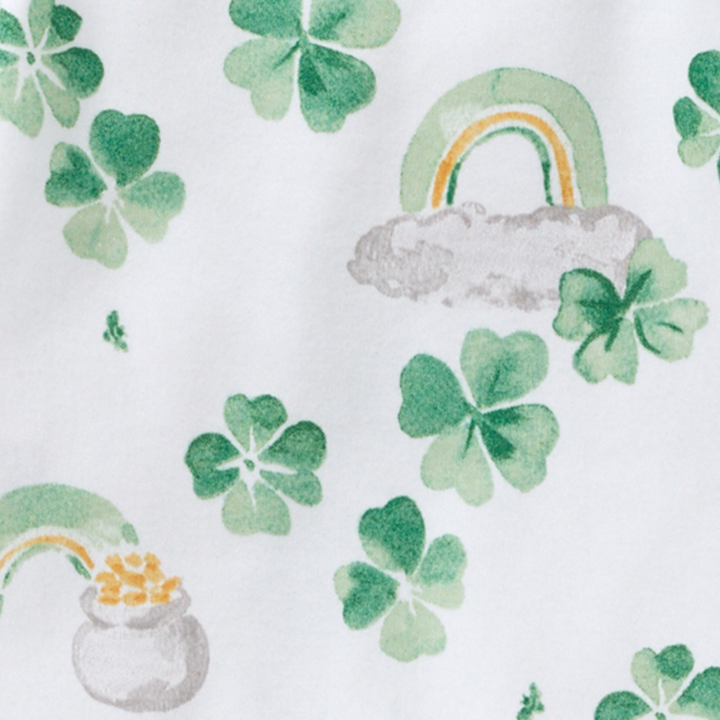 Pattern of green shamrocks, rainbows, and pots of gold on a white background