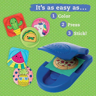 Colorful die-cut shapes and a die-cut tool on a green background with text instructions.