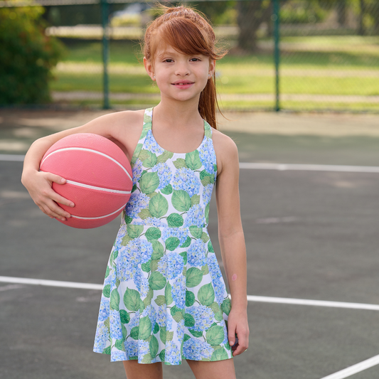 Girls Spring Summer Halter Tennis Dress - Blue Hydrangeas