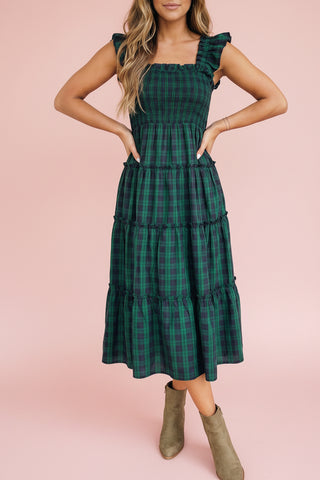 Women's Green Plaid Smocked Tiered Midi Dress