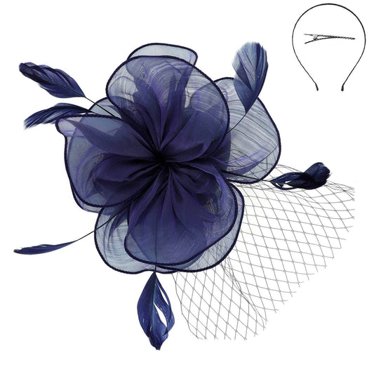 Baby Feathers & Flower w/ Netted Mesh Fascinator w/ Headband