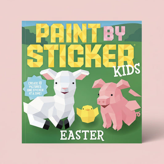 Cover of 'Paint by Sticker Kids Easter' book with animals and text on a green background