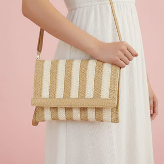 Two-Tone Striped Straw Foldover Clutch