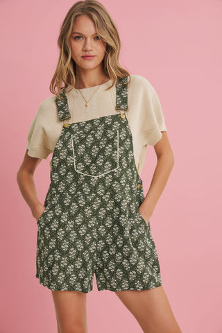 Women's Floral Print Overall Short Romper with Lace Trim