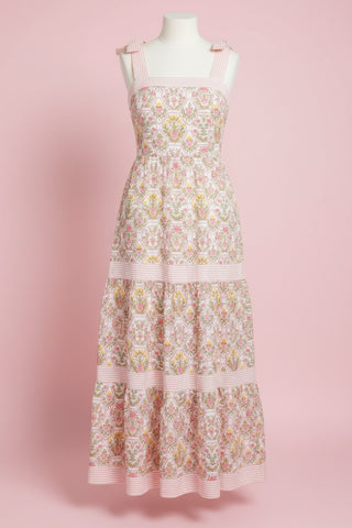 Floral Block Print Tiered Maxi Dress