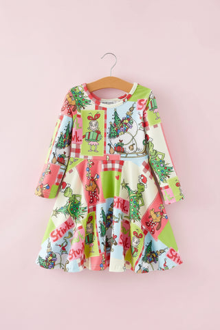 Autumn Winter Character Christmas Tree Print Girls Dress