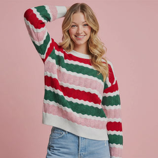 Women's Holiday Christmas Color Textured Stripe Sweater Top