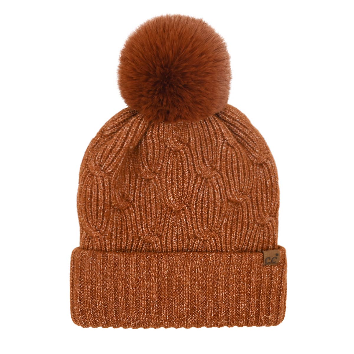 Cable Knit Faux Fur Pom Pom Beanie