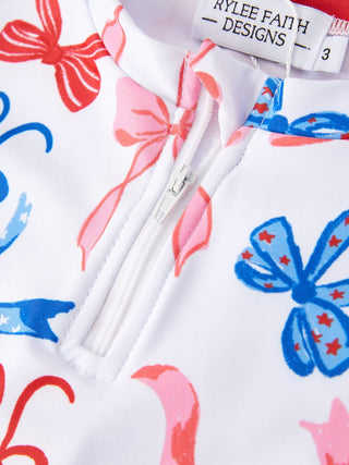Girls’ Patriotic Ribbon Bow Long-Sleeve Rashguard Set
