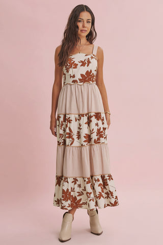 Women's Mixed Print Floral Tiered Midi Dress with Wavy Piping