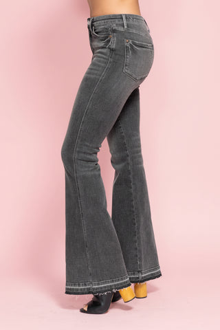Judy Blue Mid-Rise Tummy Control Washed Gray Release Hem Flare Jeans