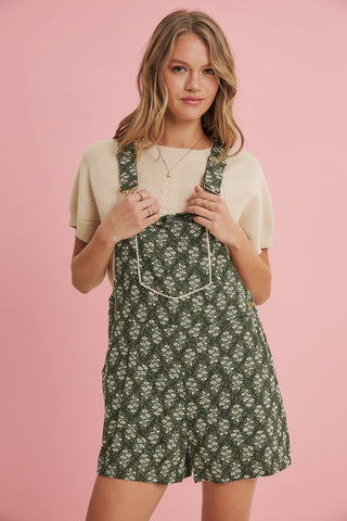 Women's Floral Print Overall Short Romper with Lace Trim