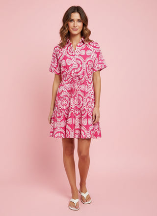 Button-Up Drawstring Waist Print Dress