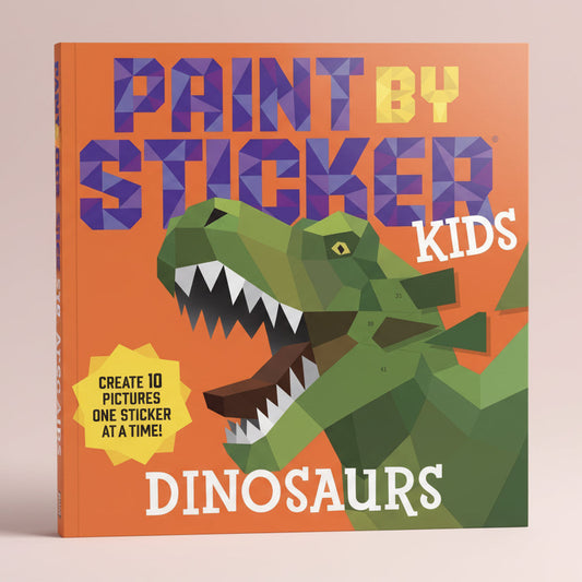 Book cover of 'Paint by Sticker Kids: Dinosaurs' with a geometric dinosaur illustration on an orange background.