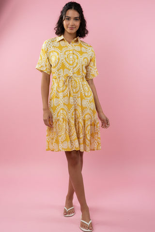 Button-Up Drawstring Waist Print Dress