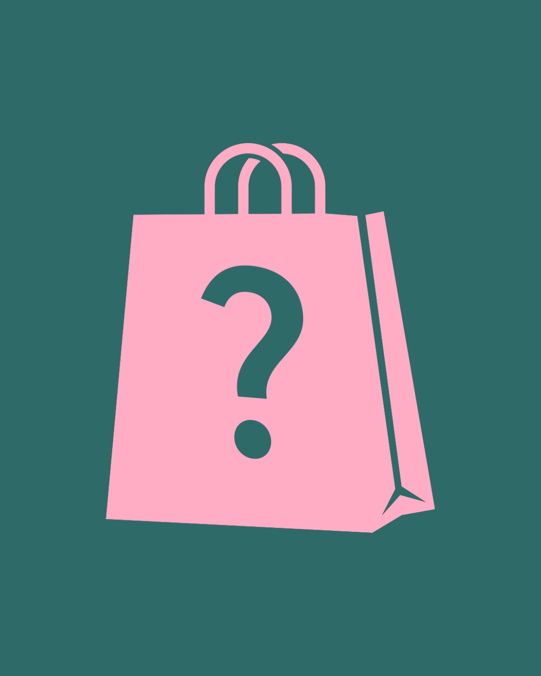 Pink shopping bag with a question mark on a teal background