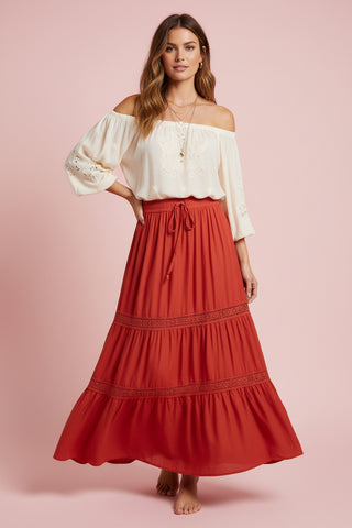 Tiered Crochet Trim Maxi Skirt