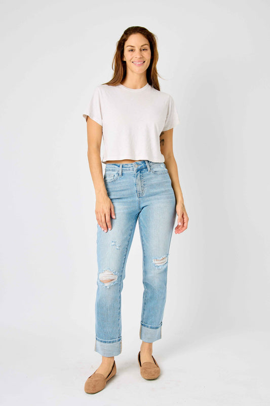 Judy Blue Mid Rise Americana Flag Cuff Boyfriend Jeans